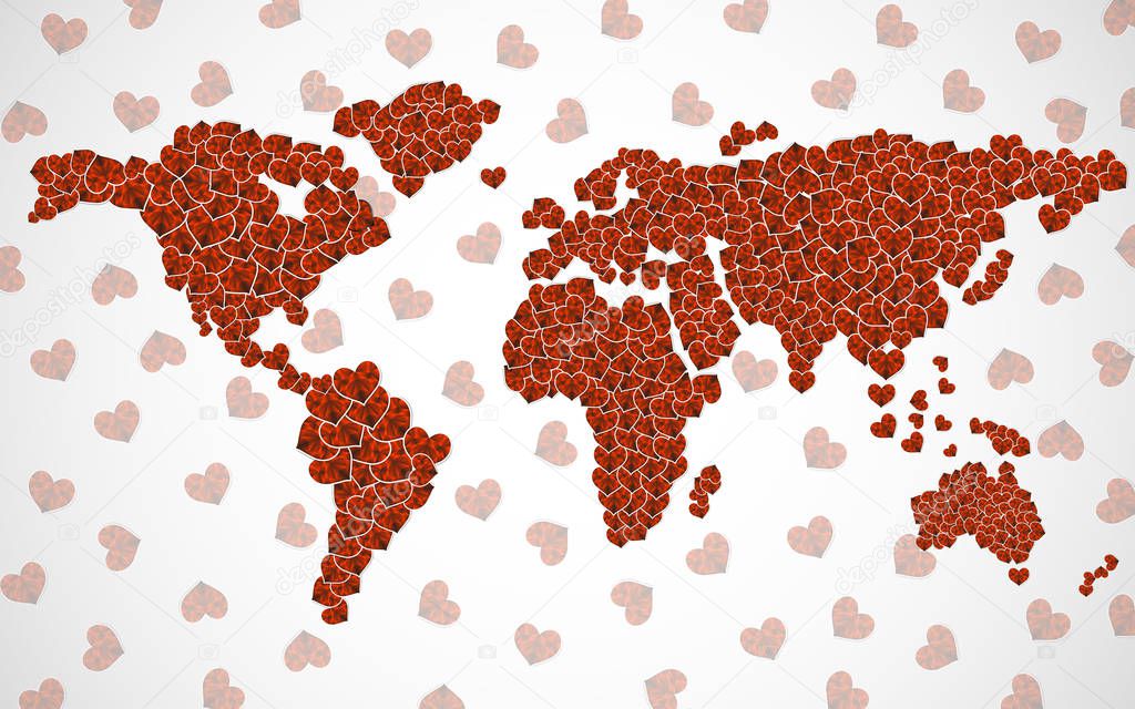 Abstract world map with hearts. Valentines day