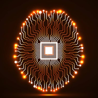 Neon beyin. CPU. Devre kartı. Soyut teknolojik altyapı