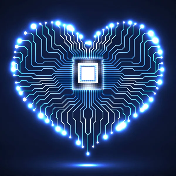 Abstract neon electronic circuit board in shape of heart, technology background — Stock Vector