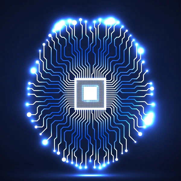 Cerveau néon. Cpu. Circuit. Contexte technologique abstrait — Image vectorielle