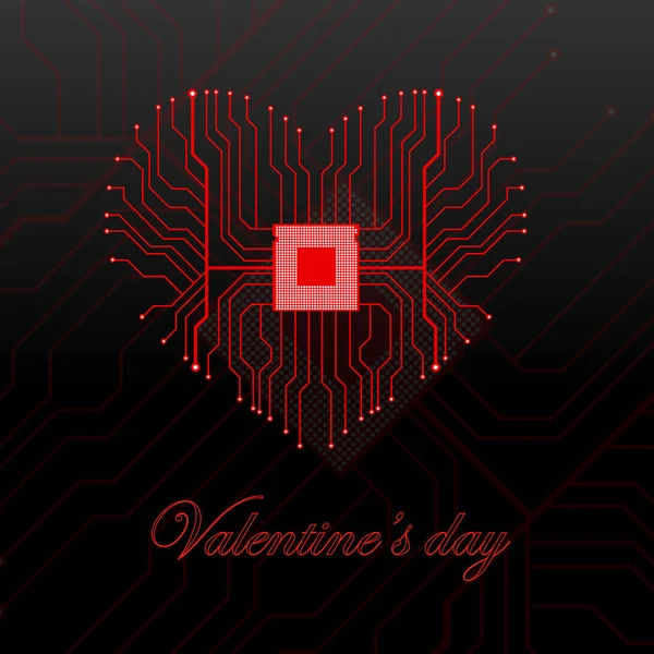 Placa de circuito electrónico abstracta en forma de corazón, fondo de la tecnología. Feliz día de San Valentín — Vector de stock