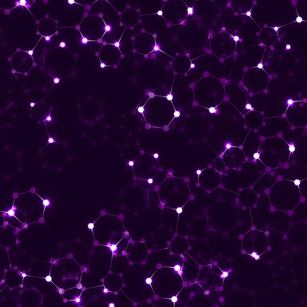 Abstracte neon zeshoekige moleculen, moleculaire structuur van Dna, geometrische achtergrond — Stockvector