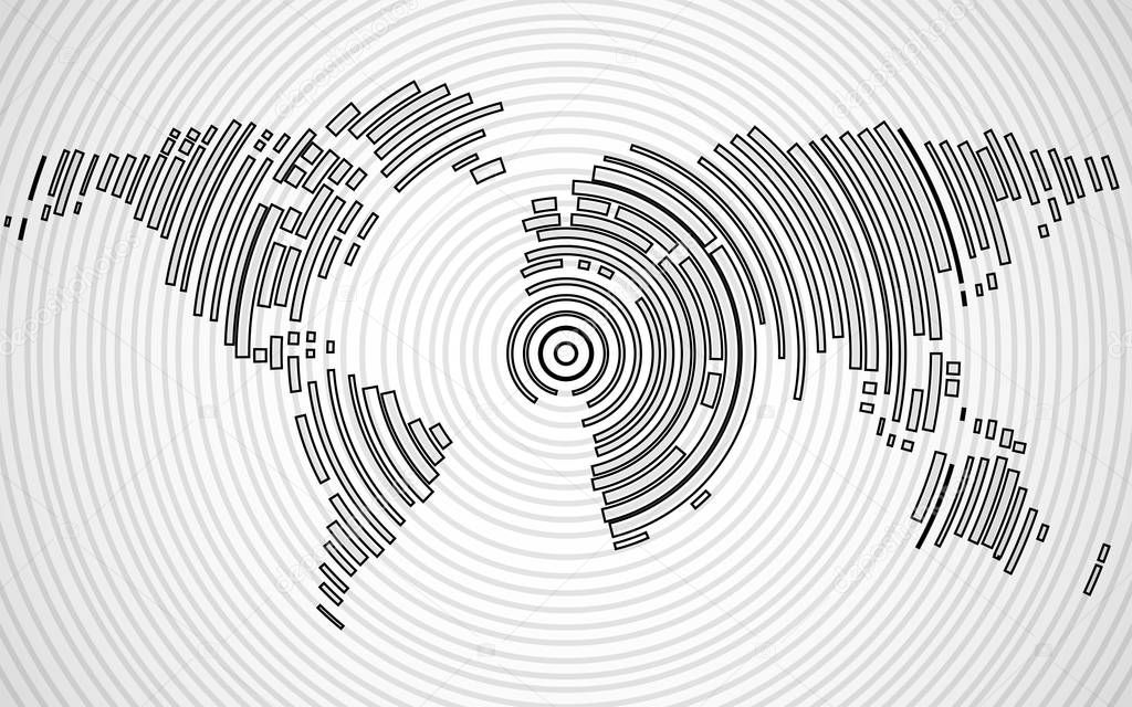 Abstract world map of radial lines, technology style. Vector