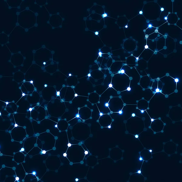 Moléculas hexagonais abstratas do neon, estrutura molecular do ADN, fundo geométrico — Vetor de Stock