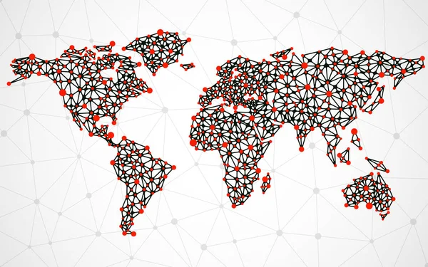 Mapa mundial poligonal abstracto con puntos y líneas, conexiones de red — Vector de stock