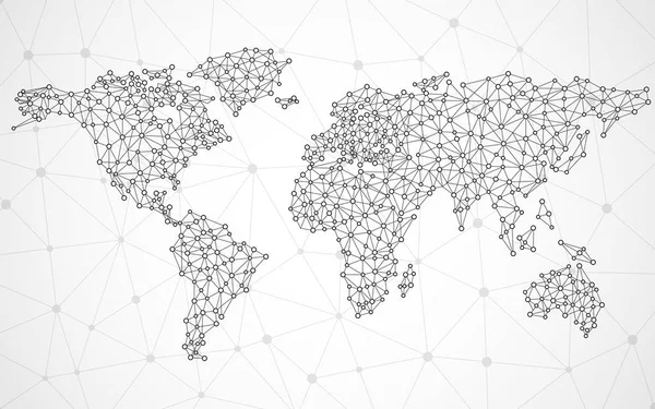 Mapa mundial poligonal abstracto con puntos y líneas, conexiones de red — Vector de stock