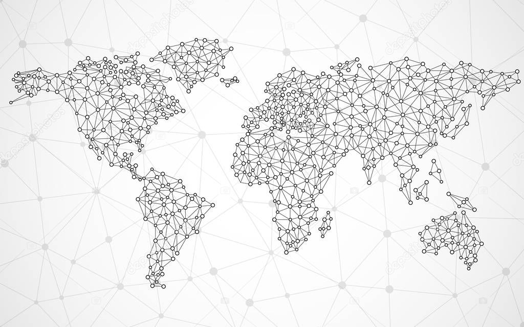 Abstract polygonal world map with dots and lines, network connections