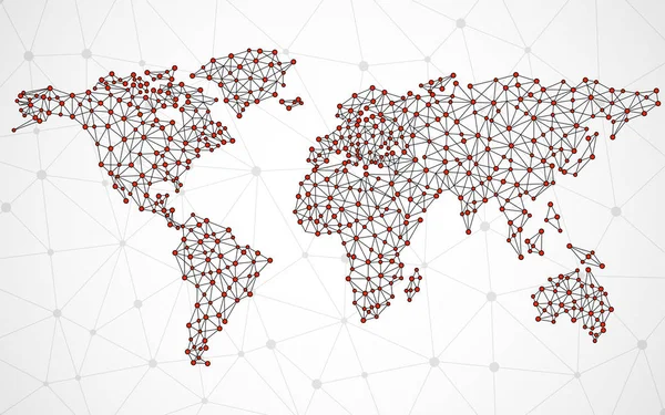 Mapa mundial poligonal abstracto con puntos y líneas, conexiones de red — Vector de stock