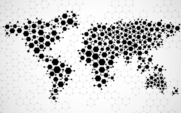 Carte du monde abstraite des structures moléculaires hexagonales. Vecteur — Image vectorielle