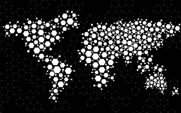 Abstracto mapa mundial de estructuras moleculares hexagonales. Vector — Vector de stock