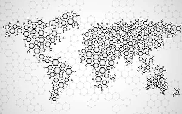 Mapa do mundo abstrato de estruturas moleculares hexagonais. Vetor — Vetor de Stock