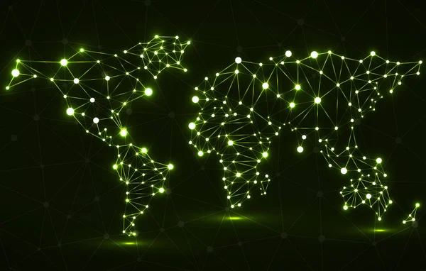 Carte du monde polygonale abstraite avec points lumineux et lignes, connexions réseau — Image vectorielle
