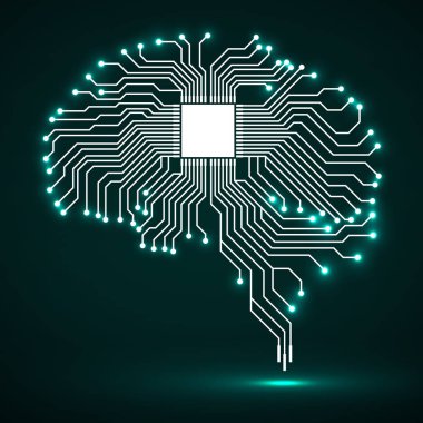 Soyut teknolojik parlayan beyin. CPU. Devre kartı. Vektör