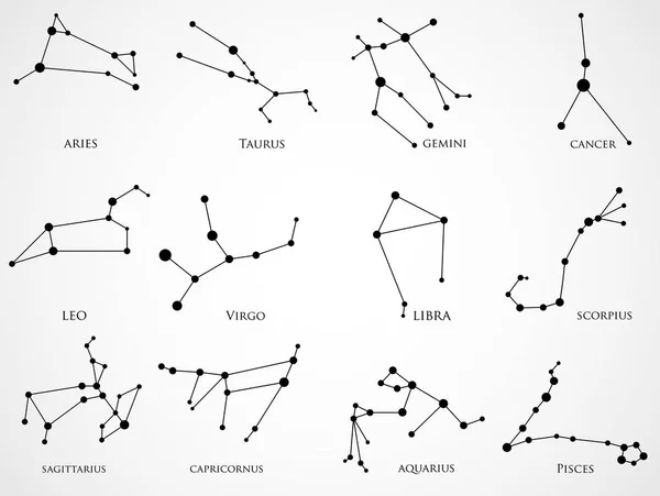 12 궁도 별자리의 집합입니다. 별자리 세트: 양자리, 레오, 스, 염소 자리, 황소 자리, 처녀자리, 천칭 자리, 물병자리, 쌍둥이 자리, 암, 전갈 자리, 물고기 자리 — 스톡 벡터