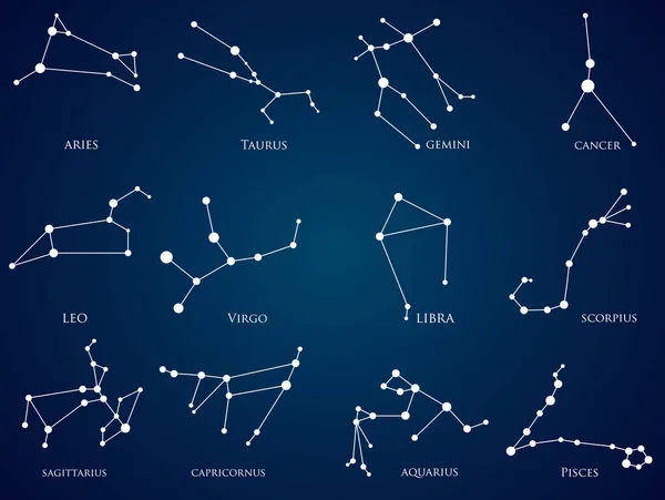 Ensemble de constellations zodiacales. Horoscope : Bélier, Lion, Sagitarius, Capricorne, Taureau, Vierge, Balance, Verseau, Gémeaux, Cancer, Scorpion, Poissons — Image vectorielle