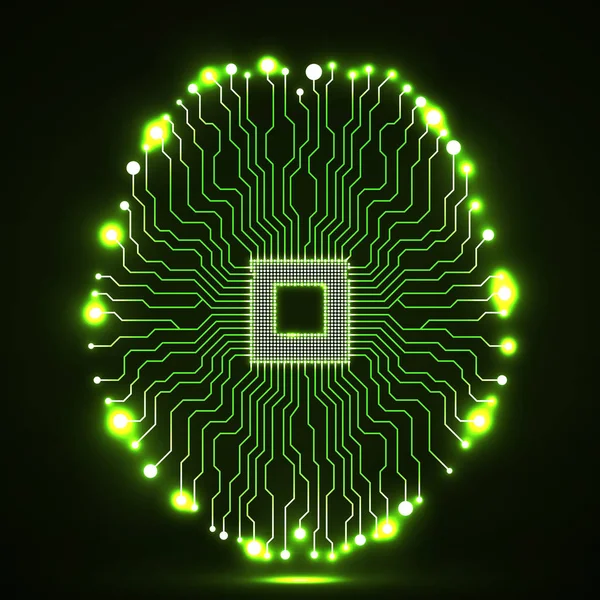 Neon hjärna. CPU. Kretskort. Abstrakt teknik bakgrund — Stock vektor