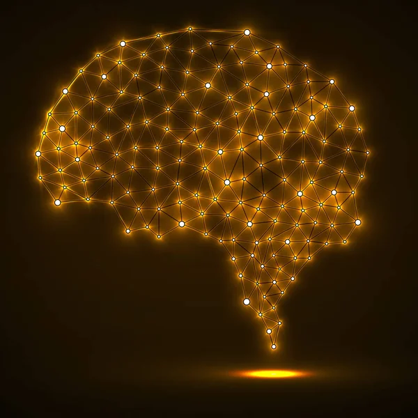 Streszczenie wielokątne mózgu z świecące punkty i linie, połączenia sieciowe — Wektor stockowy