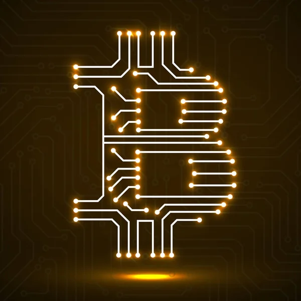 Bitcoin sinal de néon abstrato da placa de circuito — Vetor de Stock