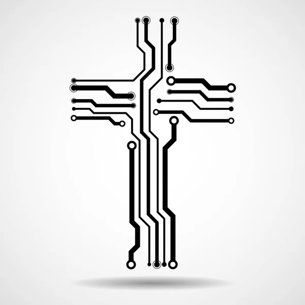 Абстрактная электронная плата в форме креста. Христианский символ — стоковый вектор