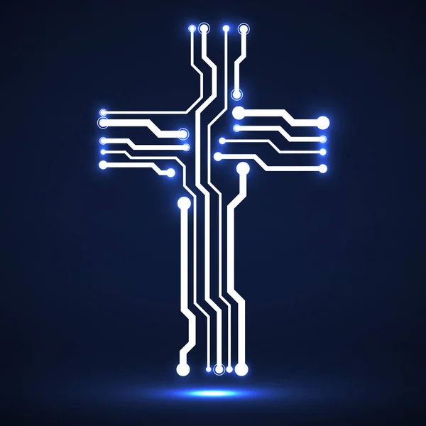 Placa de circuito electrónico de neón abstracto en forma de cruz. Símbolo cristiano — Archivo Imágenes Vectoriales