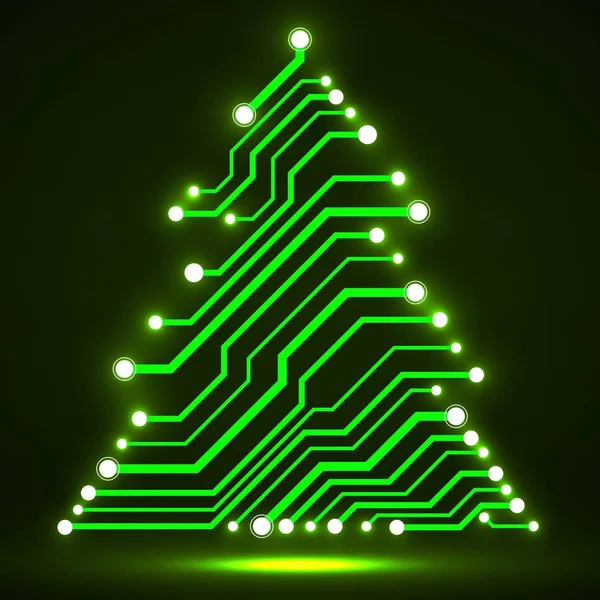 Abstract technology glowing Christmas tree, neon circuit board — Stock Vector