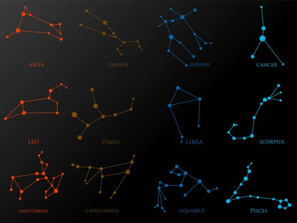 Set of zodiac constellations. Horoscope set: Aries, Leo, Sagitarius, Capricorn, Taurus, Virgo, Libra, Aquarius, Gemini, Cancer, Scorpio, Pisces — Stock Vector