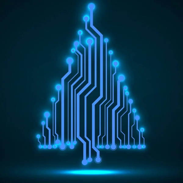 Tecnología abstracta brillante árbol de Navidad, placa de circuito de neón — Vector de stock