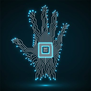 Soyut neon el. CPU. Devre kartı. Vektör çizim. EPS 10