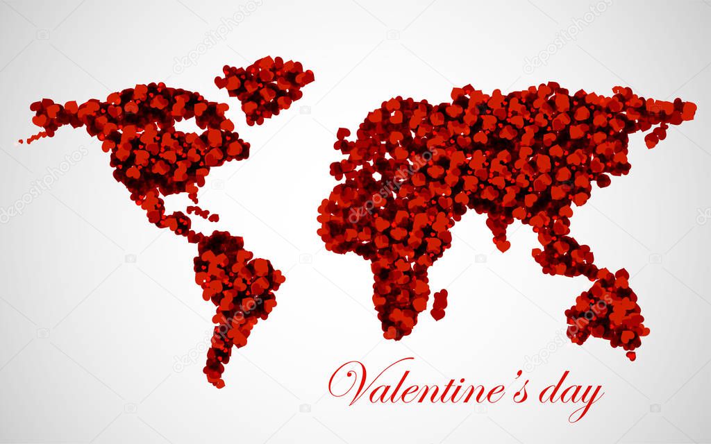 Abstract world map with hearts. Valentines day. Vector