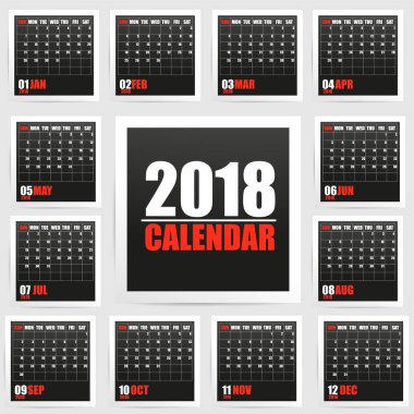 Takvim 2018 yılında çerçeve gölge ile. Pazar hafta başlarım. Vektör