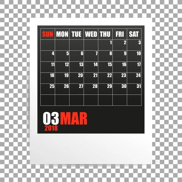 透明な背景に 2018 年 3 月カレンダー フォト フレームです。春の mounth。ベクトル — ストックベクタ