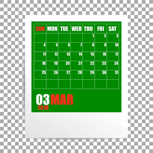 Marzo 2018 marco de fotos del calendario sobre fondo transparente. Montículo de primavera. Vector — Archivo Imágenes Vectoriales