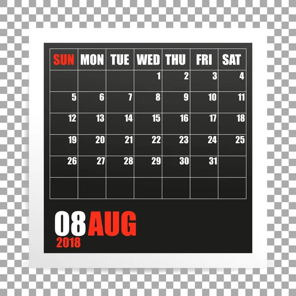 August 2018 calendar photo frame on transparent background. Summer mounth. Vector — Stock Vector