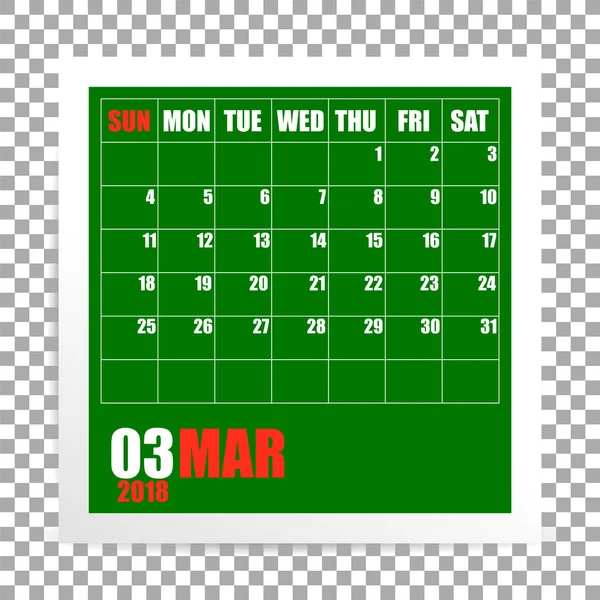 Marzo 2018 marco de fotos del calendario sobre fondo transparente. Montículo de primavera. Vector — Archivo Imágenes Vectoriales