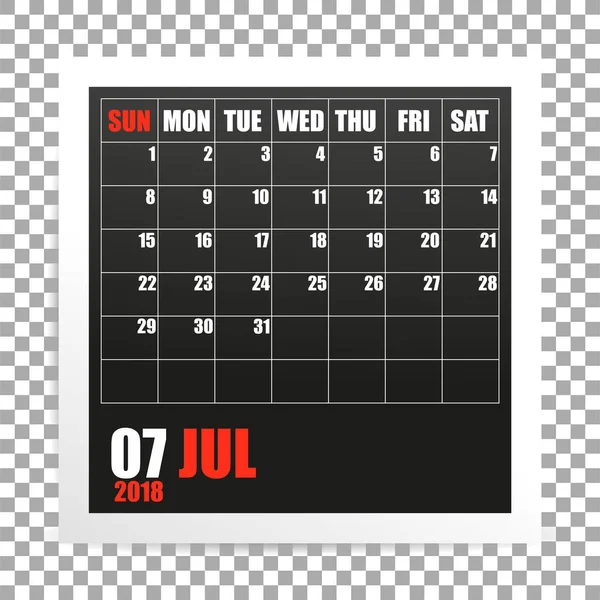 Juli 2018 kalender fotoram på transparent bakgrund. Sommaren mounth. Vektor — Stock vektor