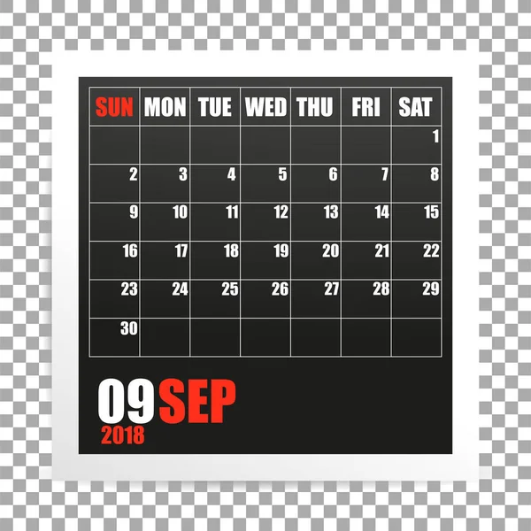 Settembre 2018 calendario cornice fotografica su sfondo trasparente. Mese autunnale. Vettore — Vettoriale Stock