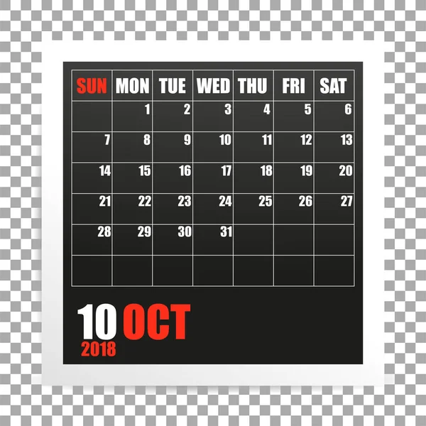 Ottobre 2018 calendario cornice fotografica su sfondo trasparente. Mese autunnale. Vettore — Vettoriale Stock