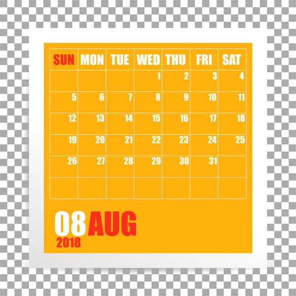 Sierpień 2018 kalendarz ramka na przezroczystym tle. Góra lato. Wektor — Wektor stockowy