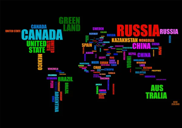 Τυπογραφία πολύχρωμο παγκόσμιο χάρτη με ονόματα χωρών. Διάνυσμα — Διανυσματικό Αρχείο