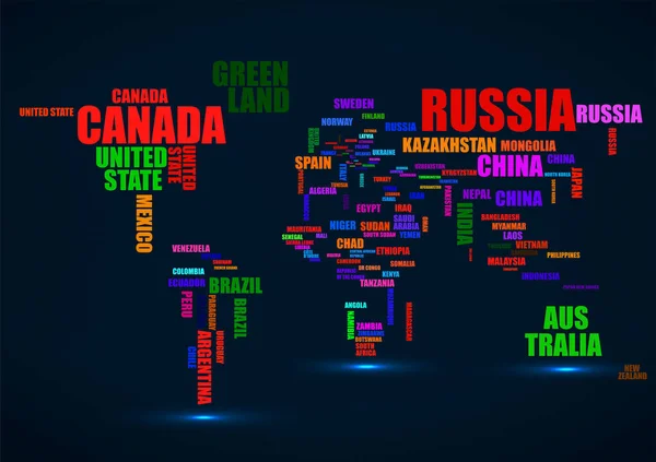 Tipografia colorido mapa do mundo com nomes de países. Vetor — Vetor de Stock