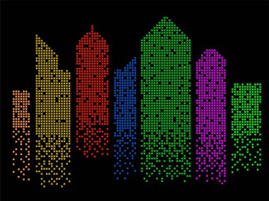 Piksel renkli bina soyut. Megacity silüeti. Vektör