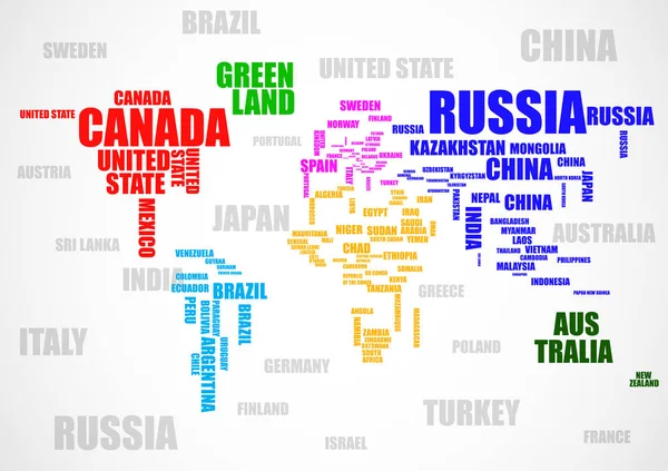 Typographie carte du monde colorée avec des noms de pays. Vecteur — Image vectorielle