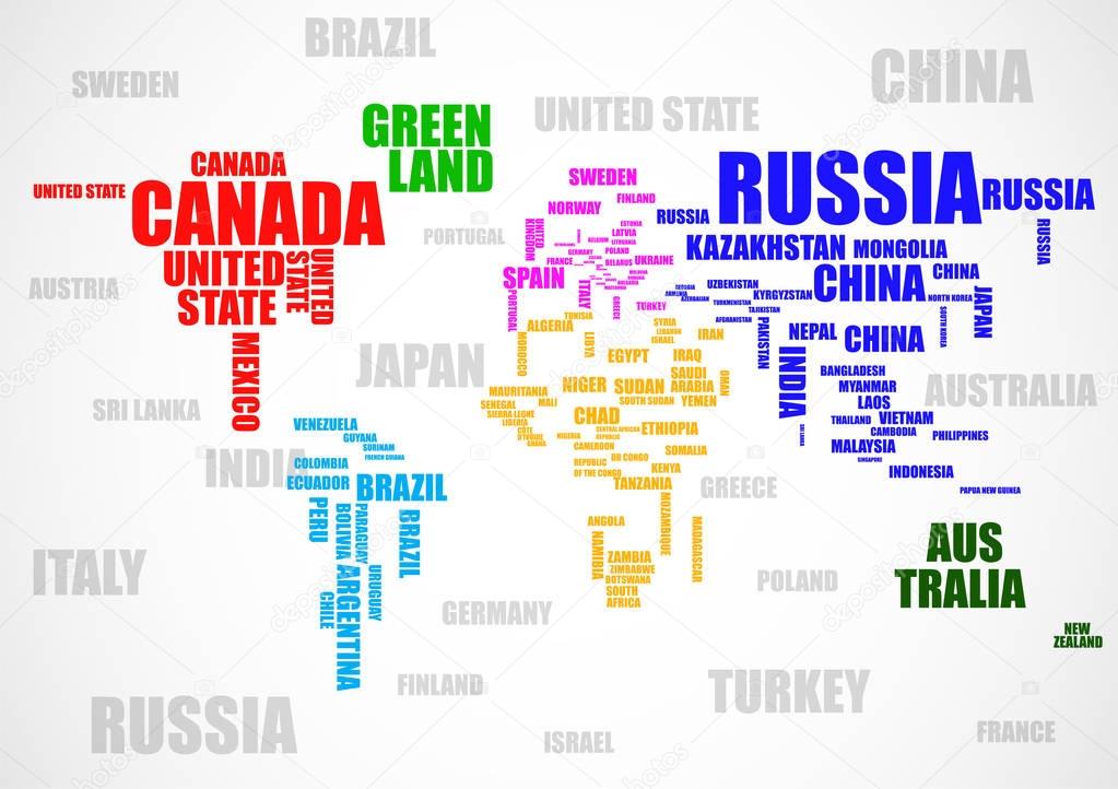 Typography colorful world map with country names. Vector