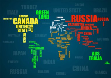 Tipografi renkli dünya harita adları ülkelerin yaptı. Vektör