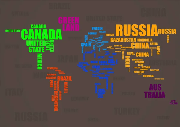 Tipografía colorido mapa del mundo hecho de nombres países. Vector — Vector de stock