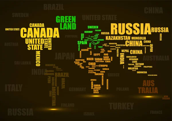 Tipografía colorido mapa del mundo hecho de nombres países. Vector — Vector de stock