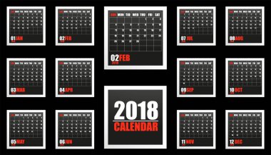 Takvim 2018 yılında çerçeve gölge ile. Pazar günü hafta Başlat