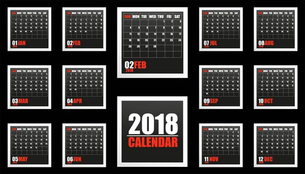 Kalendarz 2018 w ramce z cienia. Początek tygodnia na niedzielę — Wektor stockowy
