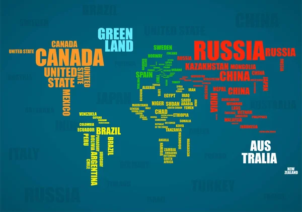 Tipografia colorido mapa do mundo com nomes de países. Vetor — Vetor de Stock