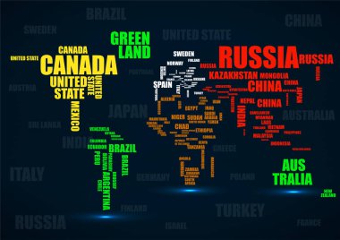 Tipografi renkli Dünya Haritası ülke adları ile